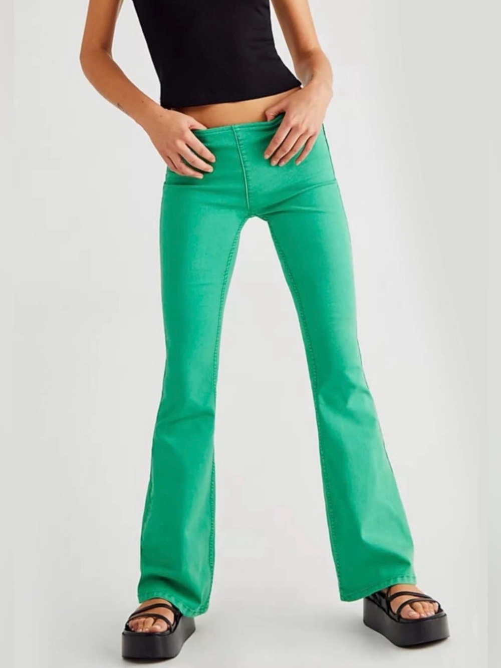 FREE PEOPLE Penny Pull-On Flare Jeans Pants Green Bee 26
